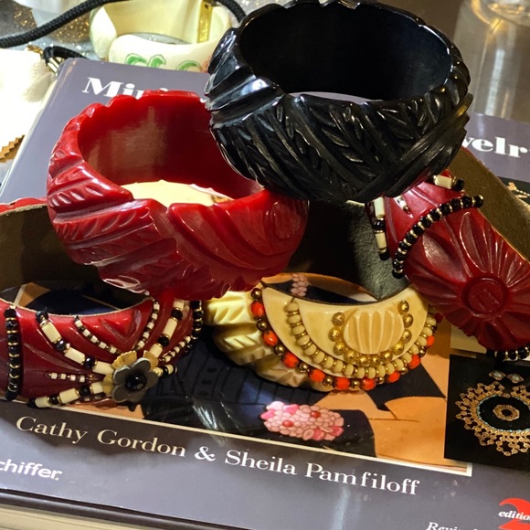 Miriam Haskell Jewelry - Miriam Haskell Carved Beaded Resin Bangle Lot of 4